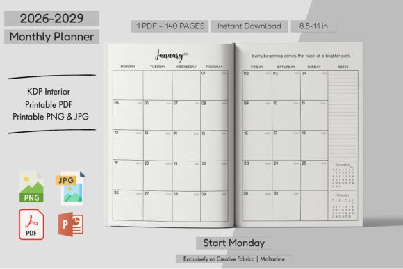 Download 2026–2029 Monthly Planner (Start Monday) - 2029 Collection